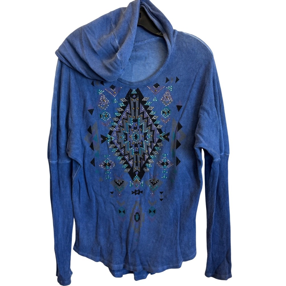 Vocal‎ USA Blue Western Waffle Knit Geometric Studded Hoodie Tribal Medium